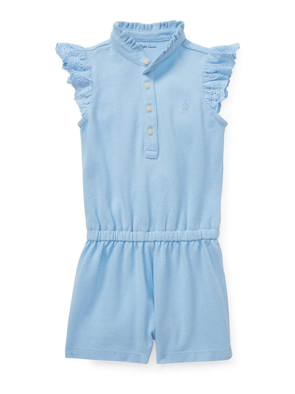 Ralph Lauren Baby Blue Eyelet Ruffle Polo Romper